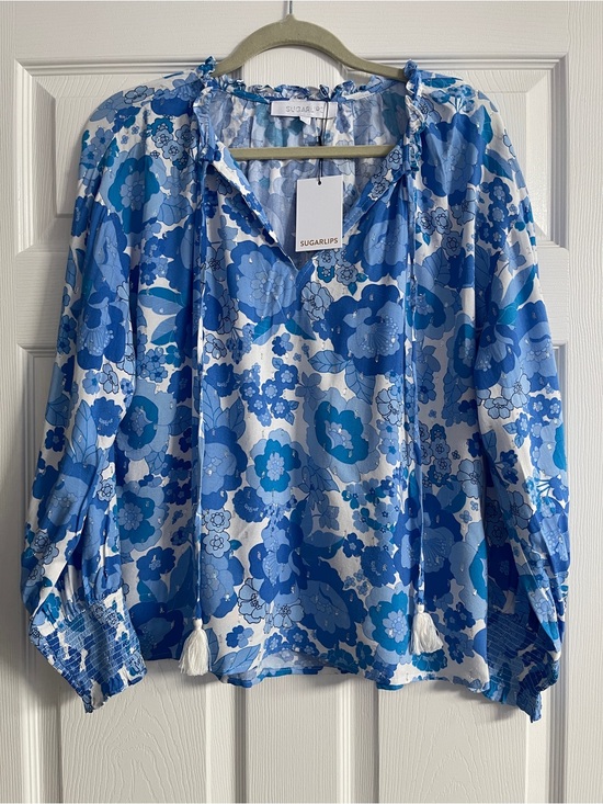 Sugarlips Tops - Sugarlips Blue Floral Tie-Neck Peasant Blouse